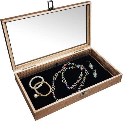 Wooden Jewelry Display Case, Pocket Knife Display Case with Tempered Glass Top Lid and Removable Black Luxurious MDF Velvet Jewelry Pad, Black Color