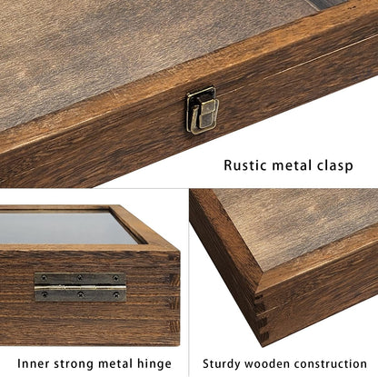 Wooden Jewelry Display Case, Pocket Knife Display Case with Tempered Glass Top Lid and Removable Black Luxurious MDF Velvet Jewelry Pad, Black Color