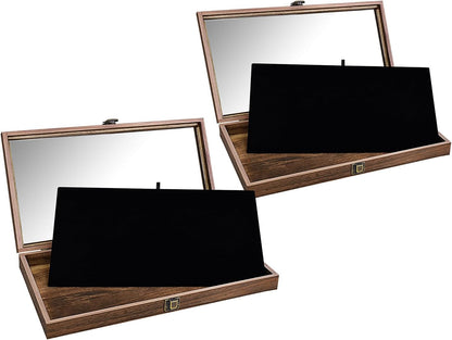 Wooden Jewelry Display Case, Pocket Knife Display Case with Tempered Glass Top Lid and Removable Black Luxurious MDF Velvet Jewelry Pad, Black Color