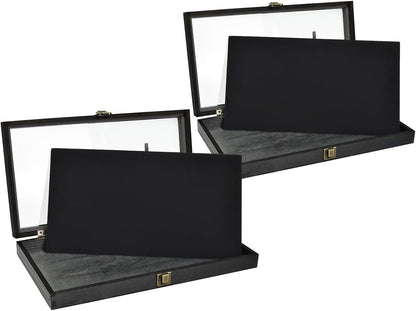 Wooden Jewelry Display Case, Pocket Knife Display Case with Tempered Glass Top Lid and Removable Black Luxurious MDF Velvet Jewelry Pad, Black Color