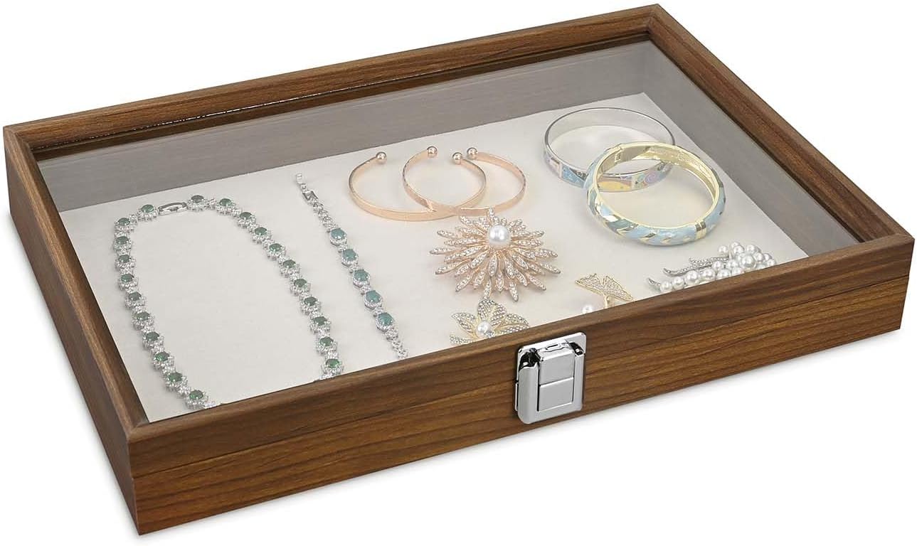Wooden Jewelry Display Case, Pocket Knife Display Case with Tempered Glass Top Lid and Removable Black Luxurious MDF Velvet Jewelry Pad, Black Color