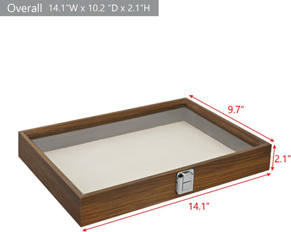 Wooden Jewelry Display Case, Pocket Knife Display Case with Tempered Glass Top Lid and Removable Black Luxurious MDF Velvet Jewelry Pad, Black Color