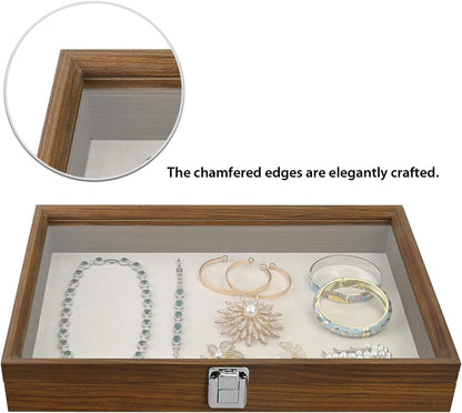 Wooden Jewelry Display Case, Pocket Knife Display Case with Tempered Glass Top Lid and Removable Black Luxurious MDF Velvet Jewelry Pad, Black Color