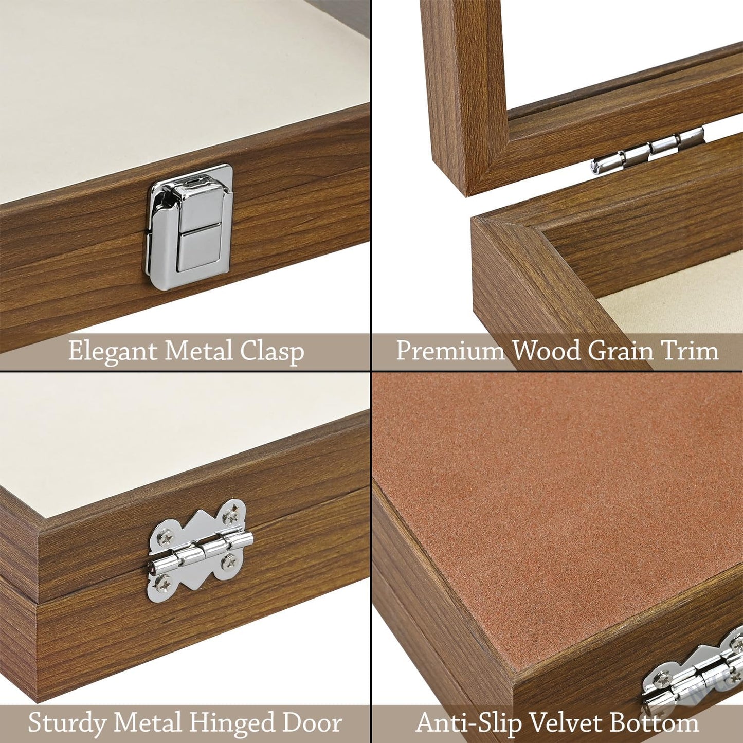 Wooden Jewelry Display Case, Pocket Knife Display Case with Tempered Glass Top Lid and Removable Black Luxurious MDF Velvet Jewelry Pad, Black Color