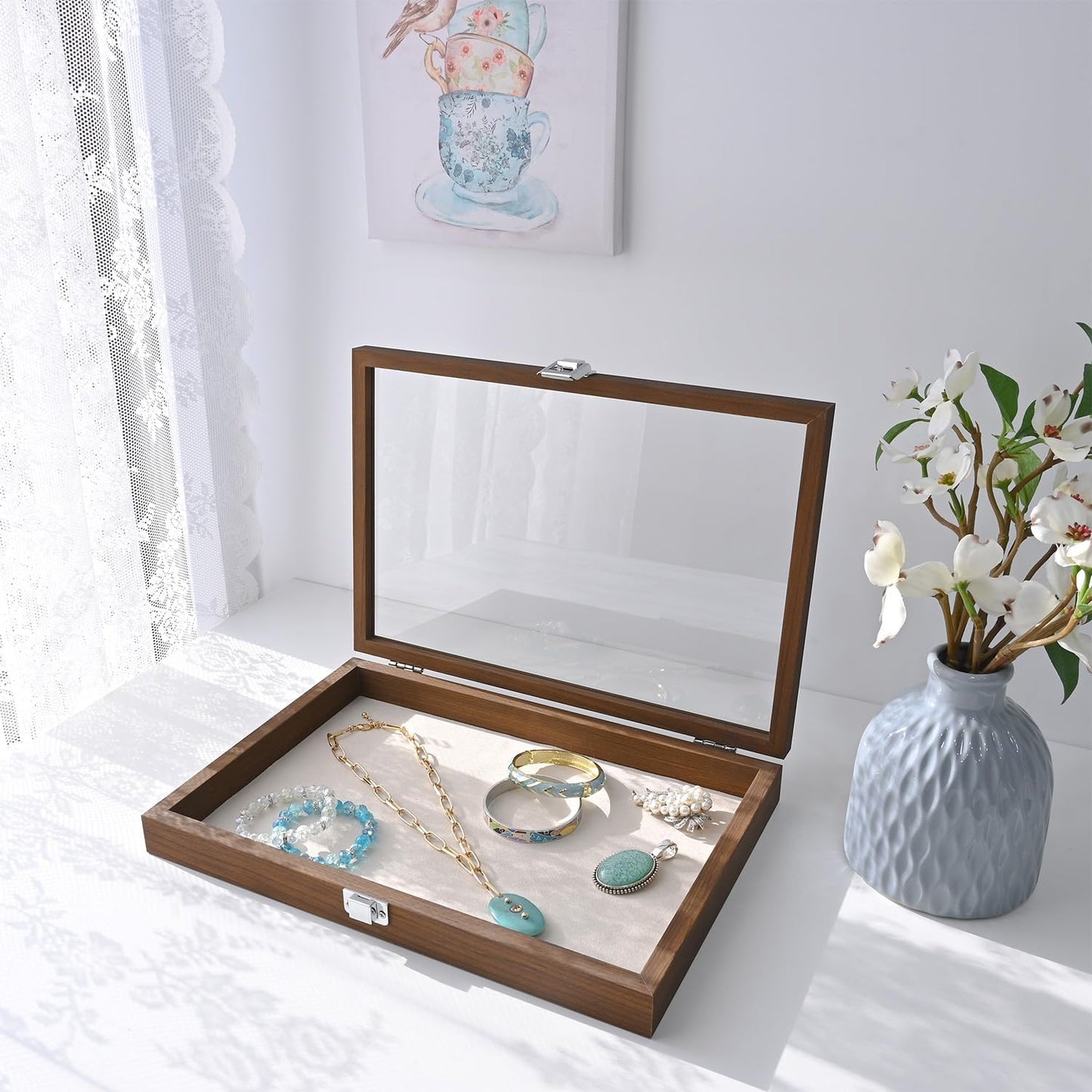 Wooden Jewelry Display Case, Pocket Knife Display Case with Tempered Glass Top Lid and Removable Black Luxurious MDF Velvet Jewelry Pad, Black Color