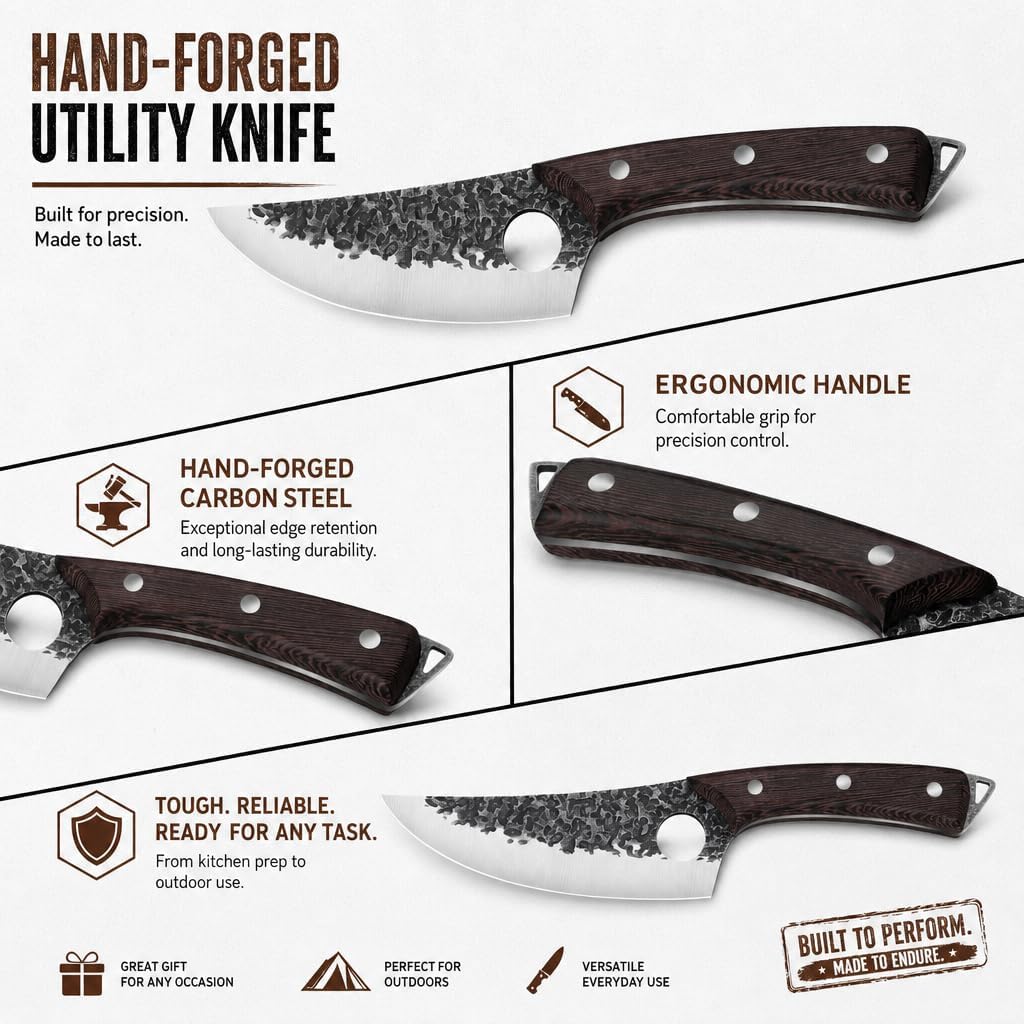 Plys Forged Butcher Knife Set: Comfortable Handle for Long Use - 3PCS Viking Kitchen Knives Set for Mens - Handmade Cooking Meat Cleaver for Cutting and Chopping