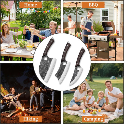 Plys Forged Butcher Knife Set: Comfortable Handle for Long Use - 3PCS Viking Kitchen Knives Set for Mens - Handmade Cooking Meat Cleaver for Cutting and Chopping