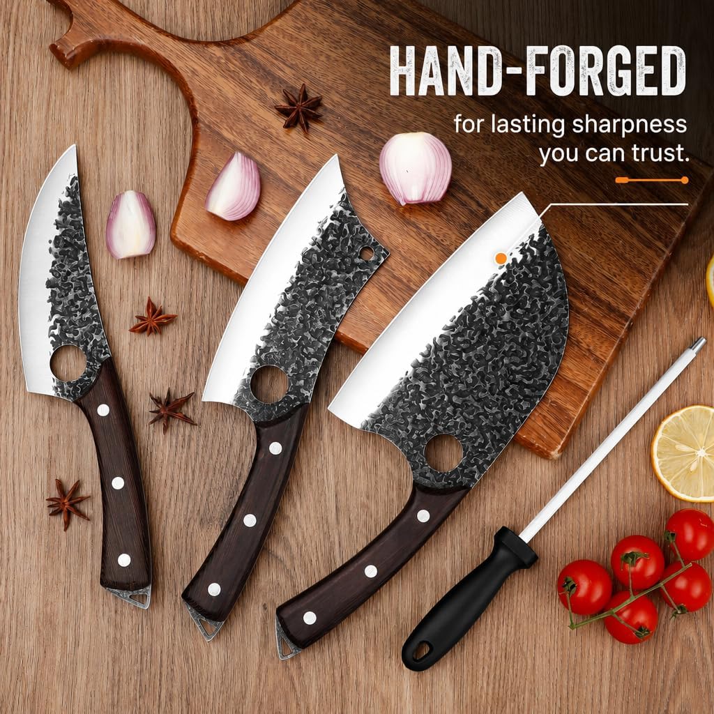 Plys Forged Butcher Knife Set: Comfortable Handle for Long Use - 3PCS Viking Kitchen Knives Set for Mens - Handmade Cooking Meat Cleaver for Cutting and Chopping