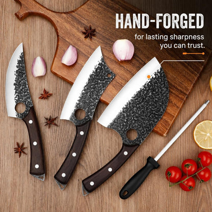Plys Forged Butcher Knife Set: Comfortable Handle for Long Use - 3PCS Viking Kitchen Knives Set for Mens - Handmade Cooking Meat Cleaver for Cutting and Chopping