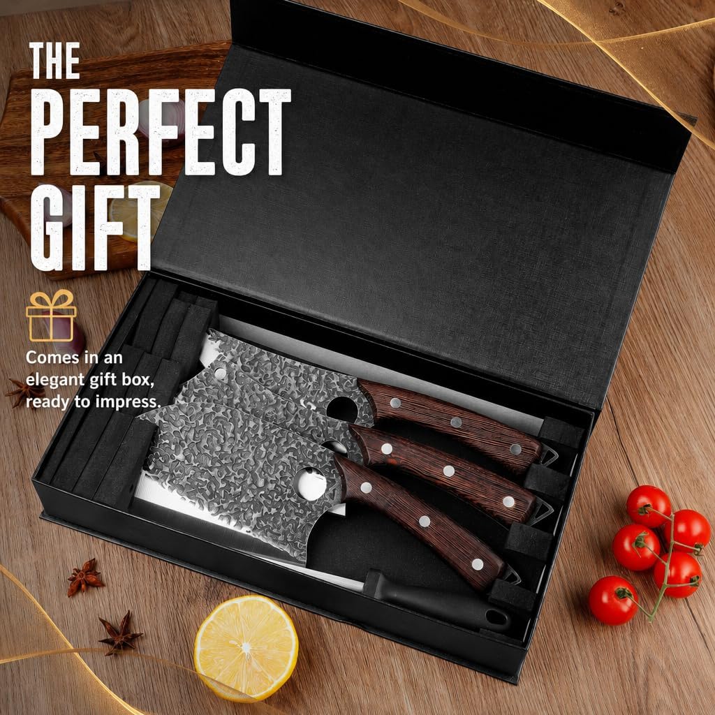 Plys Forged Butcher Knife Set: Comfortable Handle for Long Use - 3PCS Viking Kitchen Knives Set for Mens - Handmade Cooking Meat Cleaver for Cutting and Chopping