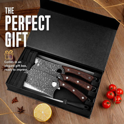 Plys Forged Butcher Knife Set: Comfortable Handle for Long Use - 3PCS Viking Kitchen Knives Set for Mens - Handmade Cooking Meat Cleaver for Cutting and Chopping