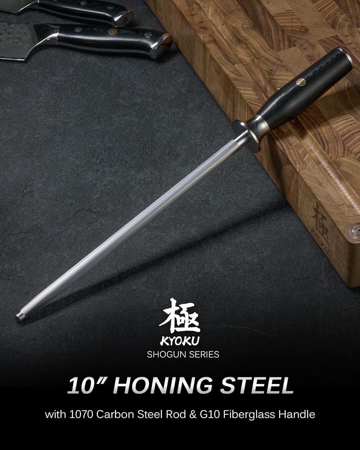 10 in. Honing Steel, Shogun Series Honing Rod with G10 Fiberglass Handle & Metal Hand Guard, Full Tang Knife Sharpener Rod, Sharpening Steel Knife Sharpener for Rolled Knife Edges with Gift Box