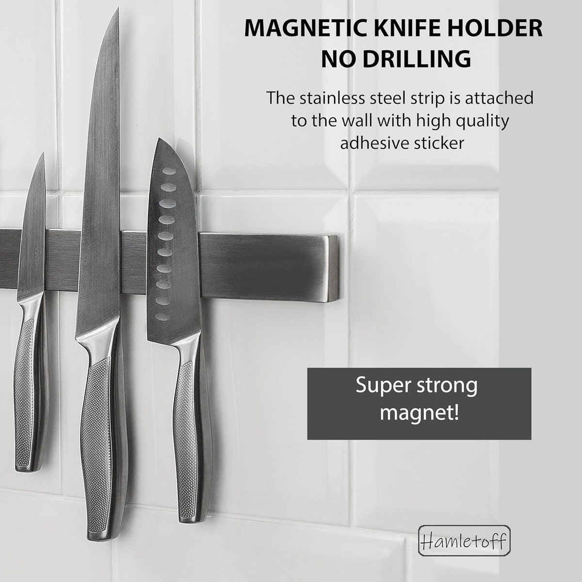 Premium Magnetic Knife Holder for Wall no Drilling – 16 Inch Stainless Steel Magnetic Knife Holder Self Adhesive - Kitchen Magnetic Knife Strip with Adhesive Sticker (Upgraded Adhesive Tape)