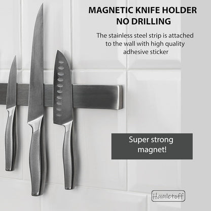 Premium Magnetic Knife Holder for Wall no Drilling – 16 Inch Stainless Steel Magnetic Knife Holder Self Adhesive - Kitchen Magnetic Knife Strip with Adhesive Sticker (Upgraded Adhesive Tape)