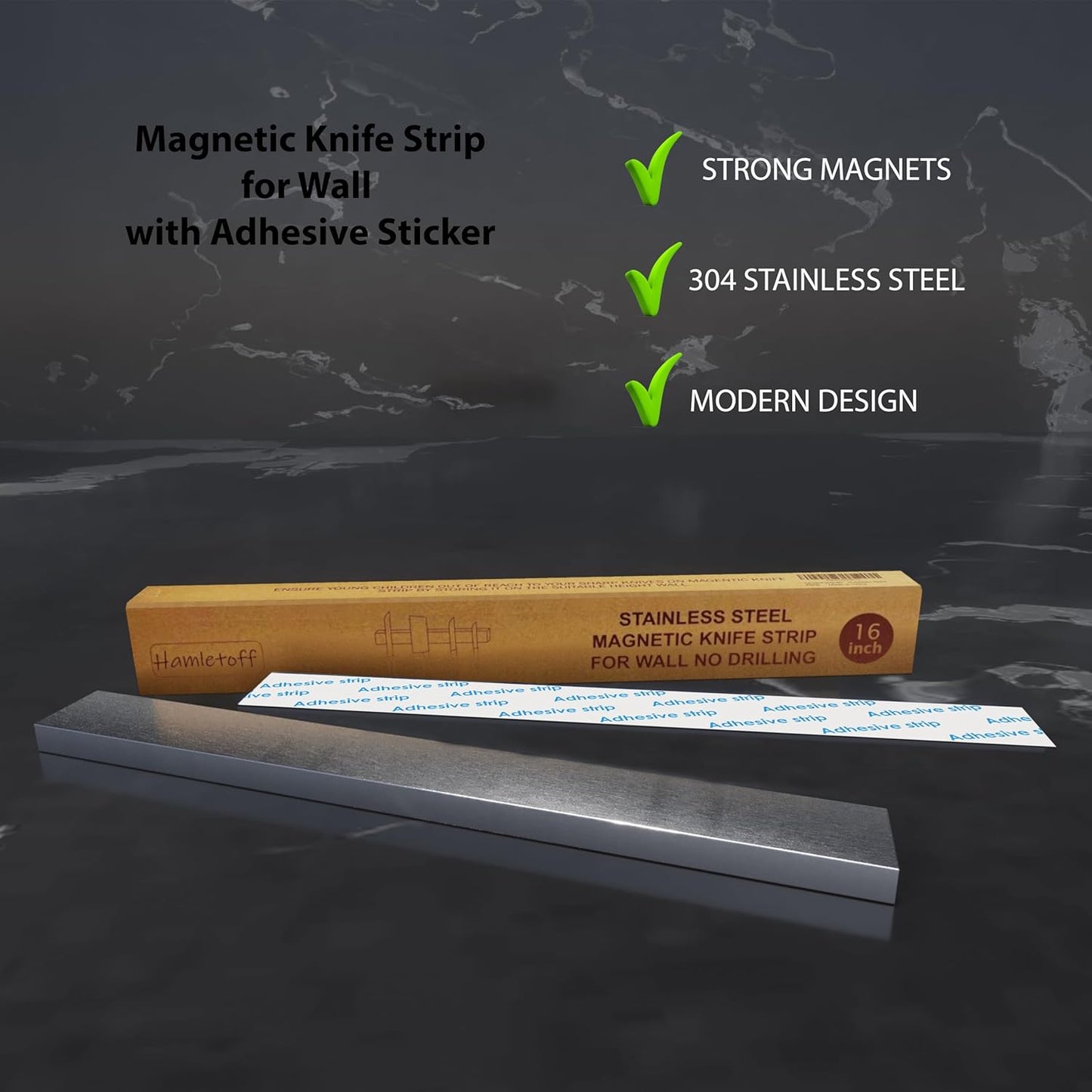 Premium Magnetic Knife Holder for Wall no Drilling – 16 Inch Stainless Steel Magnetic Knife Holder Self Adhesive - Kitchen Magnetic Knife Strip with Adhesive Sticker (Upgraded Adhesive Tape)