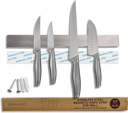 Premium Magnetic Knife Holder for Wall no Drilling – 16 Inch Stainless Steel Magnetic Knife Holder Self Adhesive - Kitchen Magnetic Knife Strip with Adhesive Sticker (Upgraded Adhesive Tape)