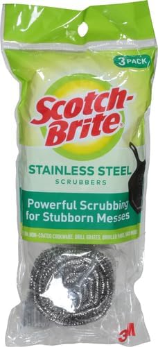 Stainless Steel Scrubbers, Scouring Pads for Cleaning Tough Baked-On Messes, Metal Scrubbers for Cleaning Dishes, 3 Scrub Pads