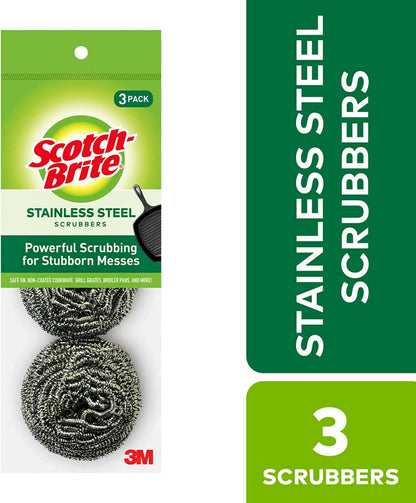 Stainless Steel Scrubbers, Scouring Pads for Cleaning Tough Baked-On Messes, Metal Scrubbers for Cleaning Dishes, 3 Scrub Pads