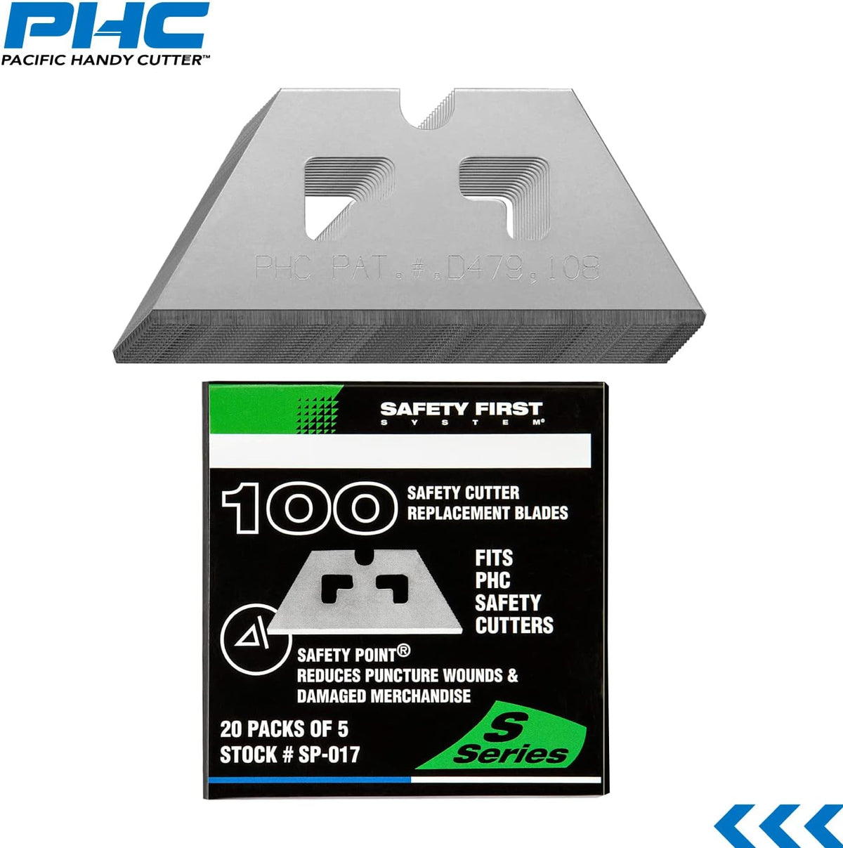 SP017 Safety Point Blade for PHC Safety Cutters, Pack of 100, Sharp Edge, Razor Blades for Injury Reduction, Cuts Boxes, Cardboard, Tape, Plastic Straps, and More