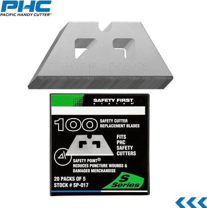 SP017 Safety Point Blade for PHC Safety Cutters, Pack of 100, Sharp Edge, Razor Blades for Injury Reduction, Cuts Boxes, Cardboard, Tape, Plastic Straps, and More