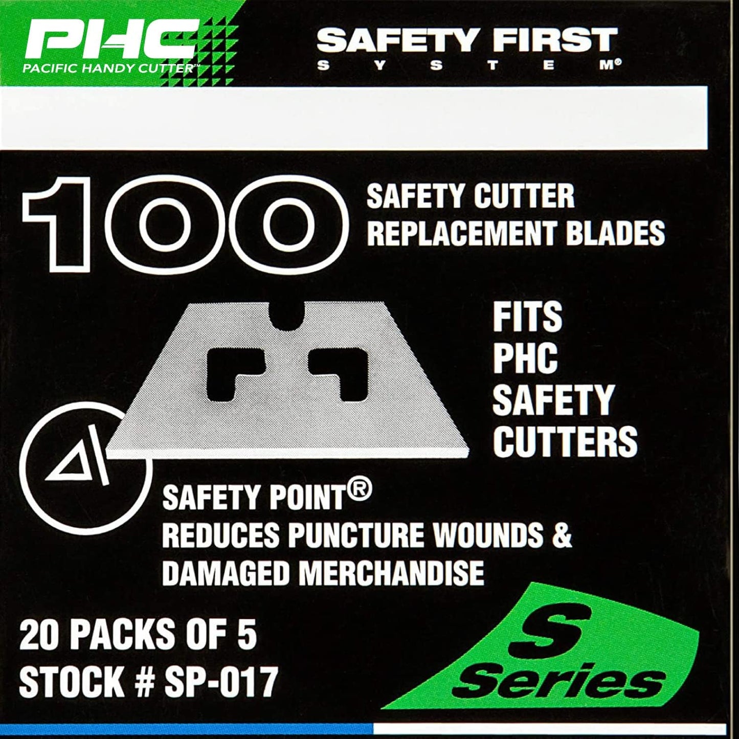 SP017 Safety Point Blade for PHC Safety Cutters, Pack of 100, Sharp Edge, Razor Blades for Injury Reduction, Cuts Boxes, Cardboard, Tape, Plastic Straps, and More
