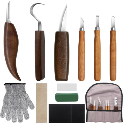 12-Piece Wood Carving Tool Set with Hook Knife, Detail Knife, Chipping Knife, Cut-Resistant Gloves, Sandpaper & Sharpening Strop – Complete Carving Kit with Carrying Bag for Beginners & Professionals