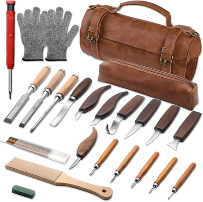12-Piece Wood Carving Tool Set with Hook Knife, Detail Knife, Chipping Knife, Cut-Resistant Gloves, Sandpaper & Sharpening Strop – Complete Carving Kit with Carrying Bag for Beginners & Professionals