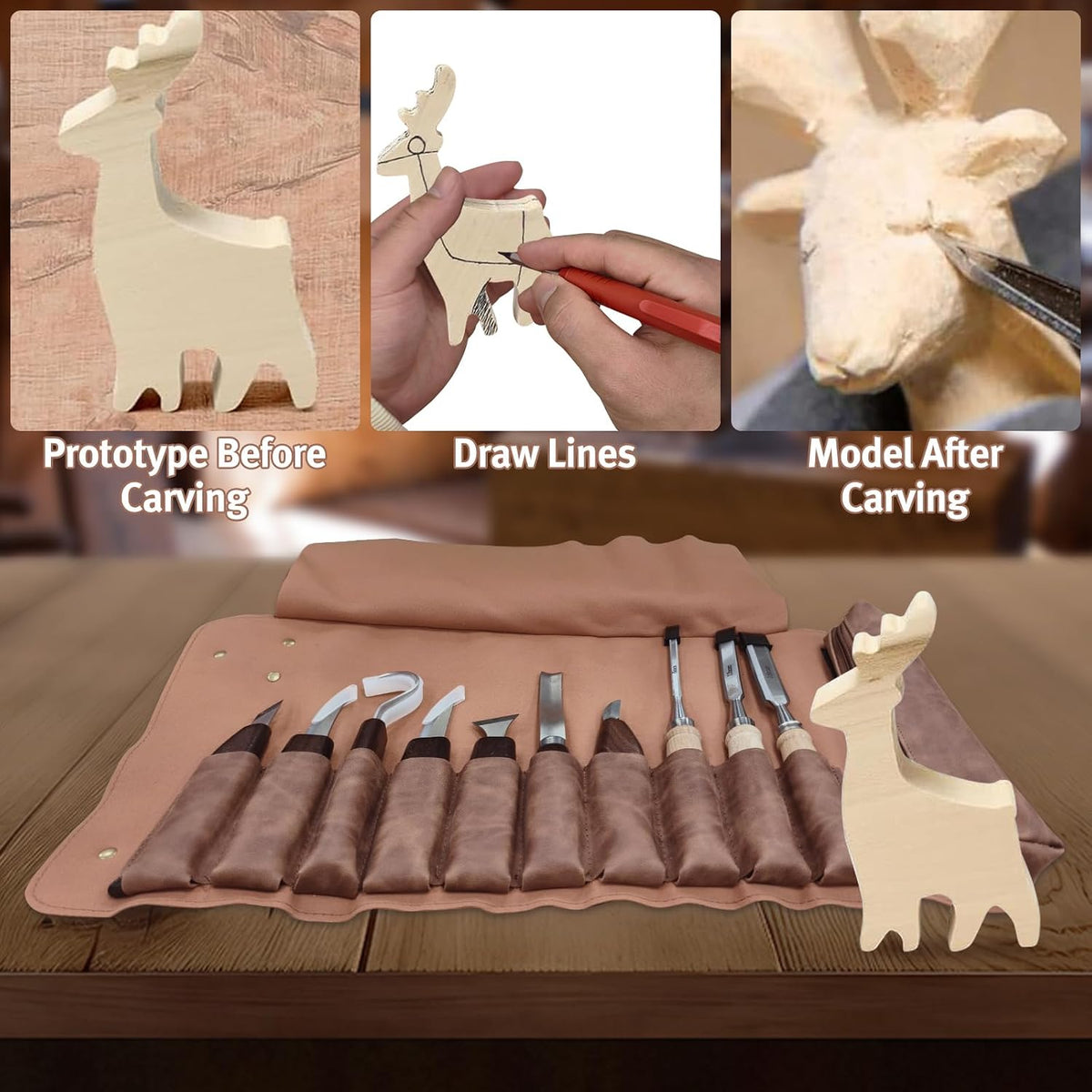 12-Piece Wood Carving Tool Set with Hook Knife, Detail Knife, Chipping Knife, Cut-Resistant Gloves, Sandpaper & Sharpening Strop – Complete Carving Kit with Carrying Bag for Beginners & Professionals