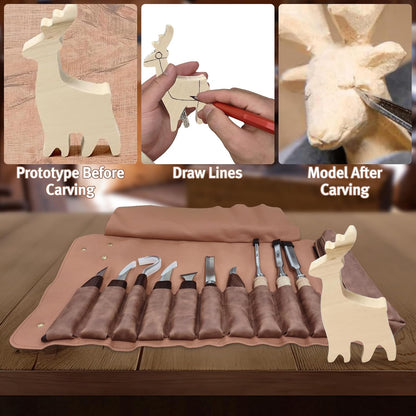 12-Piece Wood Carving Tool Set with Hook Knife, Detail Knife, Chipping Knife, Cut-Resistant Gloves, Sandpaper & Sharpening Strop – Complete Carving Kit with Carrying Bag for Beginners & Professionals