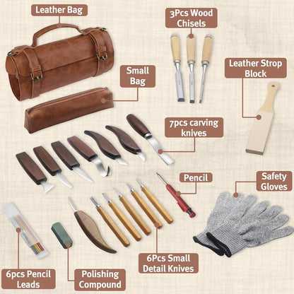 12-Piece Wood Carving Tool Set with Hook Knife, Detail Knife, Chipping Knife, Cut-Resistant Gloves, Sandpaper & Sharpening Strop – Complete Carving Kit with Carrying Bag for Beginners & Professionals