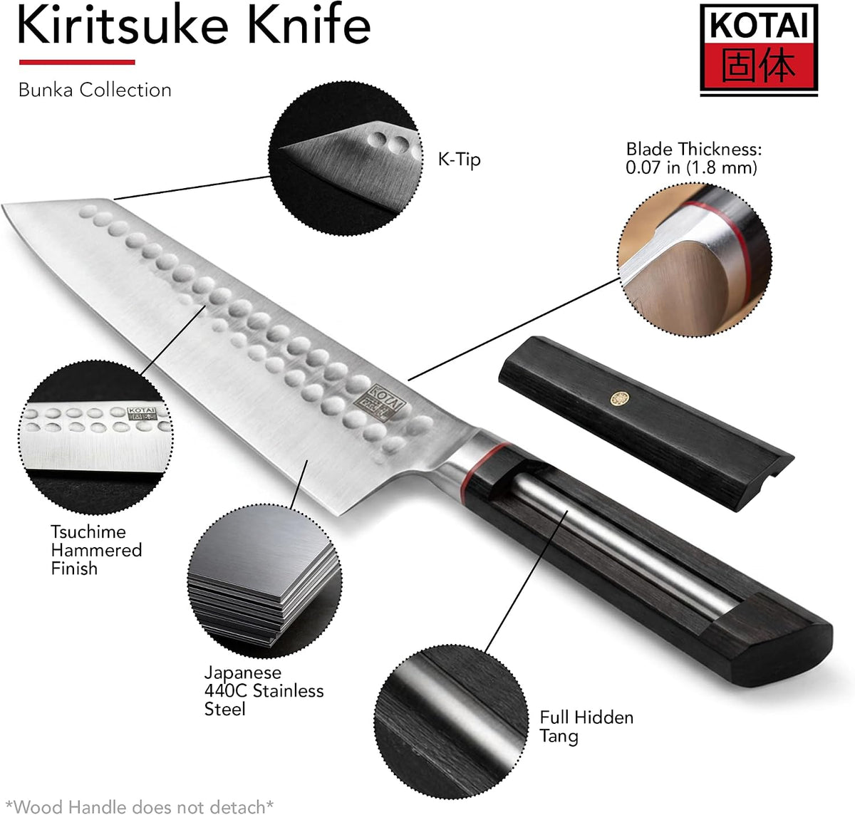Kiritsuke 8-inch Chef Kitchen Knife | Ultra Sharp Japanese 440C Stainless Steel | Hammered Tsuchime Finish | Ebony Wood Handle | Hidden Full Tang | Bunka Collection Professional Kitchen Knife