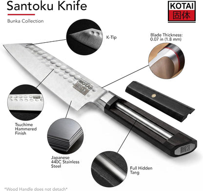 Kiritsuke 8-inch Chef Kitchen Knife | Ultra Sharp Japanese 440C Stainless Steel | Hammered Tsuchime Finish | Ebony Wood Handle | Hidden Full Tang | Bunka Collection Professional Kitchen Knife