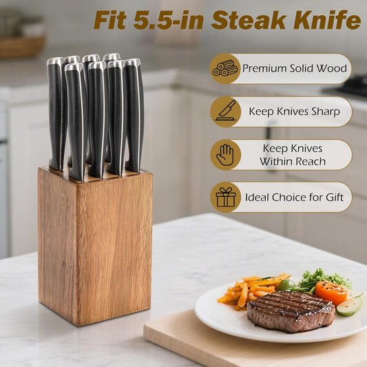 8 Slots Steak Knife Block Holder, 5.5" Wooden Small Knife Block without Knives,Compact and Space Saving Storage Knife Holder for Counter Top (Brown-1)