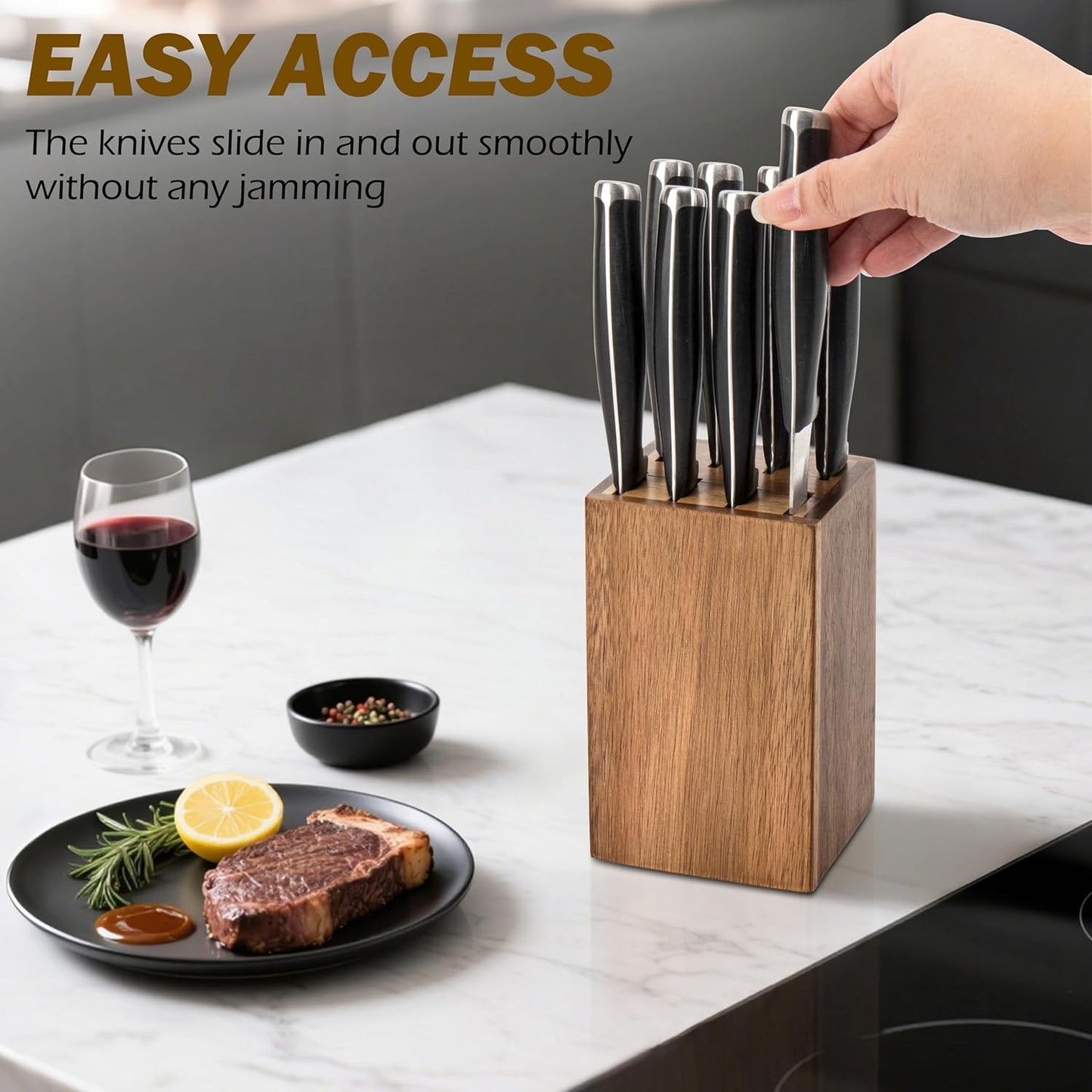 8 Slots Steak Knife Block Holder, 5.5" Wooden Small Knife Block without Knives,Compact and Space Saving Storage Knife Holder for Counter Top (Brown-1)