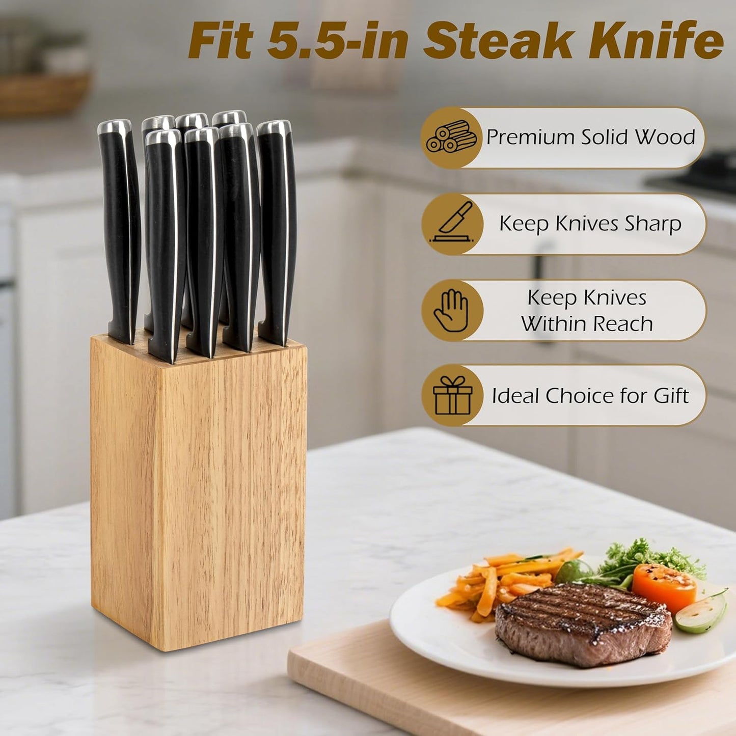8 Slots Steak Knife Block Holder, 5.5" Wooden Small Knife Block without Knives,Compact and Space Saving Storage Knife Holder for Counter Top (Brown-1)