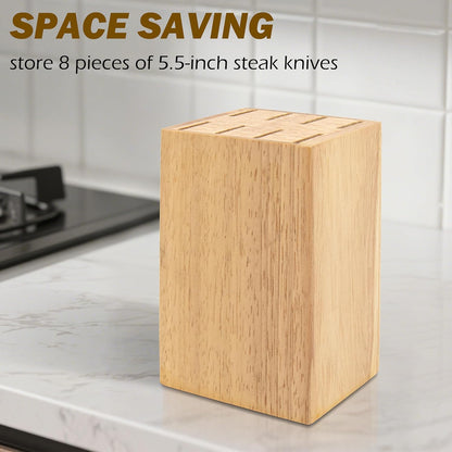 8 Slots Steak Knife Block Holder, 5.5" Wooden Small Knife Block without Knives,Compact and Space Saving Storage Knife Holder for Counter Top (Brown-1)