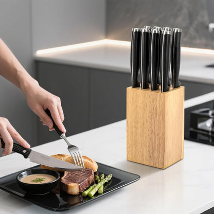 8 Slots Steak Knife Block Holder, 5.5" Wooden Small Knife Block without Knives,Compact and Space Saving Storage Knife Holder for Counter Top (Brown-1)