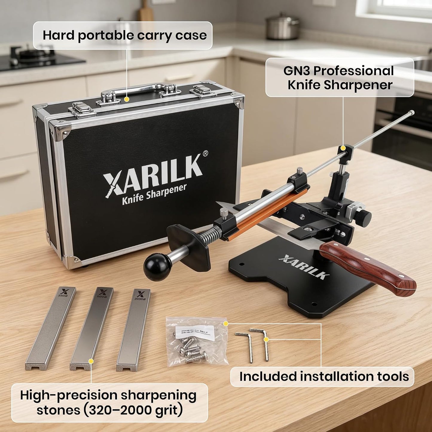 Foldable Portable Knife Sharpening System, Adjustable Knife Sharpener Kit with 3 PCS Aluminum Plates Diamonds (320#, 800#, 2000#), Blade Flips Without Removal, for Hunting, Kitchen Knives