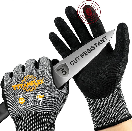 TitanFlex Work Gloves, ANSI A5 Cut Resistant Gloves, Sandy Nitrile Grip | Touchscreen, Non-Slip Grip; for Fishing, Gardening, Woodworking, Glass Cutting, Automotive Repair and Material Handling
