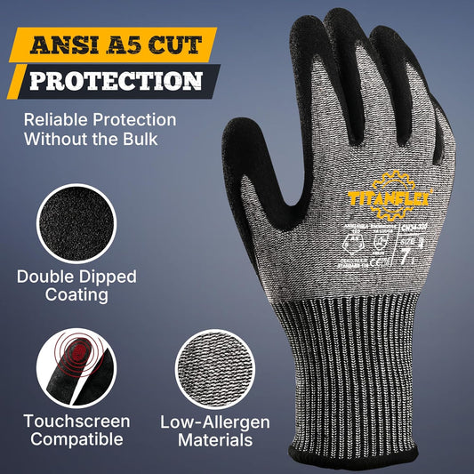 TitanFlex Work Gloves, ANSI A5 Cut Resistant Gloves, Sandy Nitrile Grip | Touchscreen, Non-Slip Grip; for Fishing, Gardening, Woodworking, Glass Cutting, Automotive Repair and Material Handling