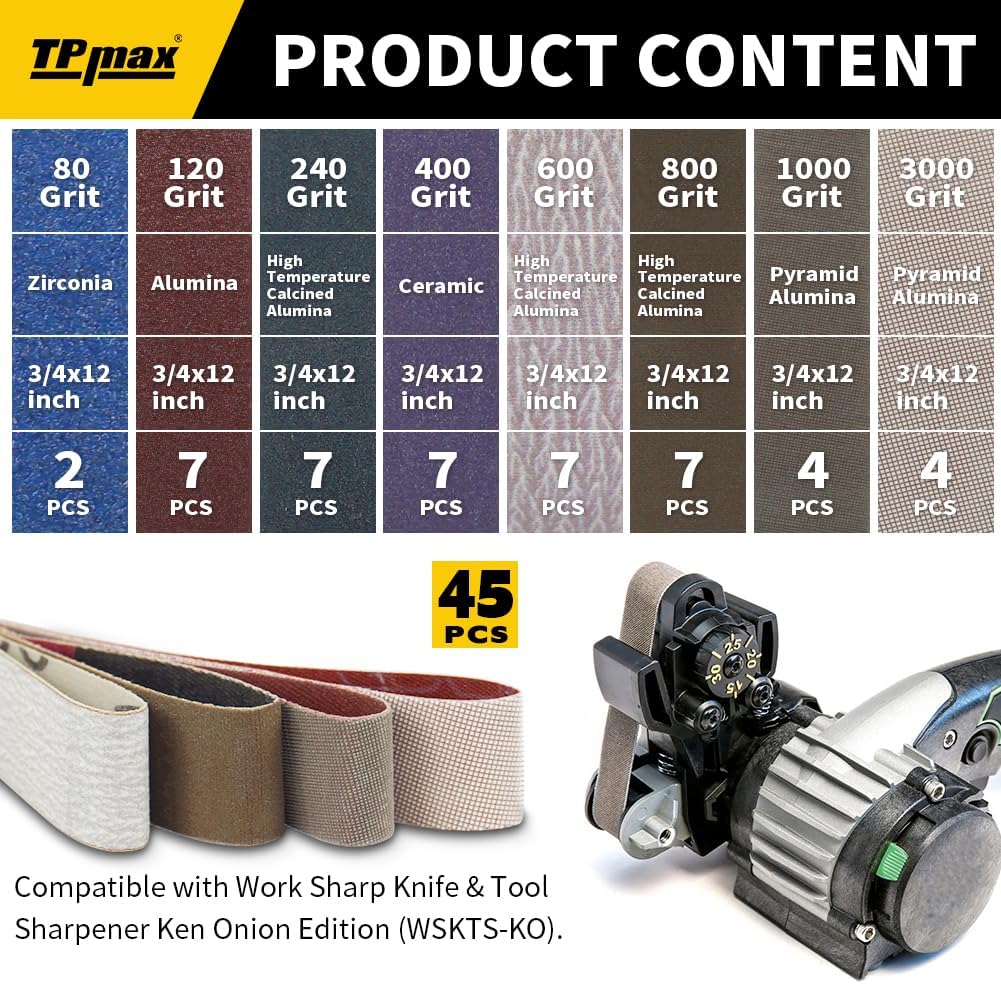 45-Piece 3/4" x 12" Knife Sharpener Sanding Belt Kit for Work Sharp WSKTS-KO, Multiple Grits