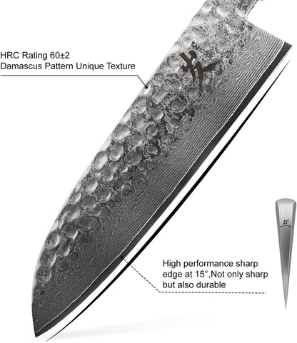 Santoku Chef Knife - 7 Inch Professional Japanese Knife - 67 Layers Damascus High Carbon Stainless Steel Hammered Damascus Kitchen Knife - Ergonomic Octagonal Ebony Handle with Gift Box