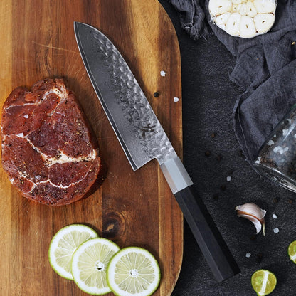 Santoku Chef Knife - 7 Inch Professional Japanese Knife - 67 Layers Damascus High Carbon Stainless Steel Hammered Damascus Kitchen Knife - Ergonomic Octagonal Ebony Handle with Gift Box