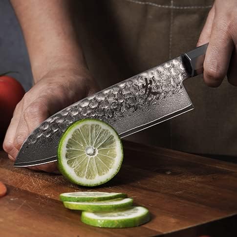 Santoku Chef Knife - 7 Inch Professional Japanese Knife - 67 Layers Damascus High Carbon Stainless Steel Hammered Damascus Kitchen Knife - Ergonomic Octagonal Ebony Handle with Gift Box