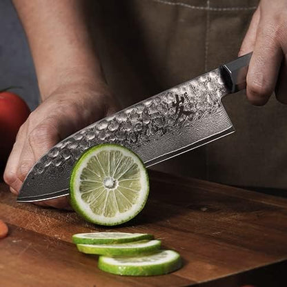 Santoku Chef Knife - 7 Inch Professional Japanese Knife - 67 Layers Damascus High Carbon Stainless Steel Hammered Damascus Kitchen Knife - Ergonomic Octagonal Ebony Handle with Gift Box