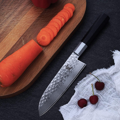 Santoku Chef Knife - 7 Inch Professional Japanese Knife - 67 Layers Damascus High Carbon Stainless Steel Hammered Damascus Kitchen Knife - Ergonomic Octagonal Ebony Handle with Gift Box