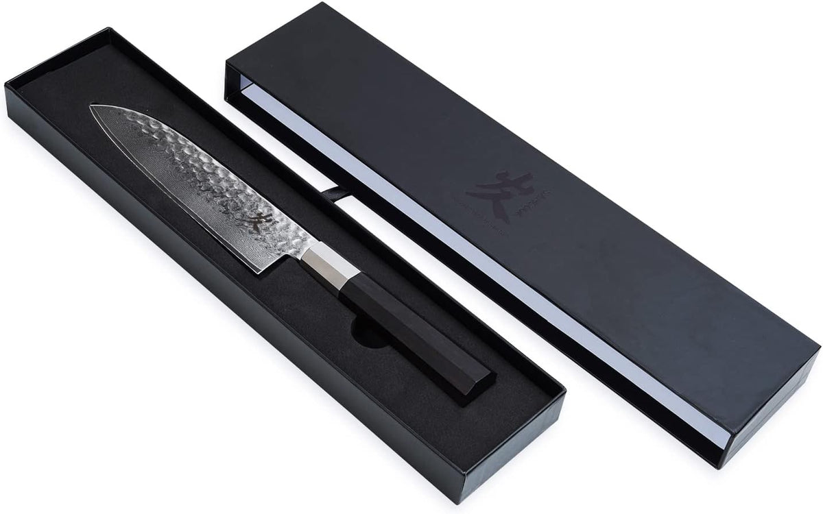 Santoku Chef Knife - 7 Inch Professional Japanese Knife - 67 Layers Damascus High Carbon Stainless Steel Hammered Damascus Kitchen Knife - Ergonomic Octagonal Ebony Handle with Gift Box