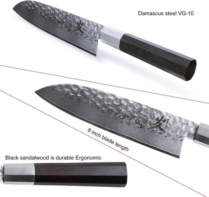 Santoku Chef Knife - 7 Inch Professional Japanese Knife - 67 Layers Damascus High Carbon Stainless Steel Hammered Damascus Kitchen Knife - Ergonomic Octagonal Ebony Handle with Gift Box