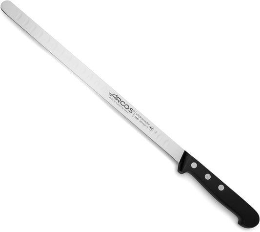 Salmon Knife/Fish Knife 11 Inch Nitrum Stainless Steel and 290 mm blade. Ergonomic Polyoxymethylene POM Handle. Series Universal. Long, sturdy blade and serrated edge. Easily cuts. Color Black