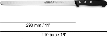 Salmon Knife/Fish Knife 11 Inch Nitrum Stainless Steel and 290 mm blade. Ergonomic Polyoxymethylene POM Handle. Series Universal. Long, sturdy blade and serrated edge. Easily cuts. Color Black